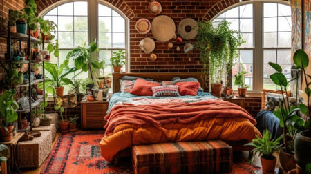Bedroom decor, home interior design . Rustic Bohemian style with Window decorated with Brick and Textile material . Generative AI AIG26.の素材