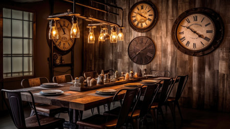 Interior design inspiration of Industrial Rustic style home dining room loveliness decorated with Metal and Wood material and Edison Bulb Pendant Light .Generative AI home interior design .の素材