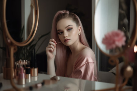 Female Caucasian teenager doing makeup in bedroom glamor. Generative AI AIG23.の素材