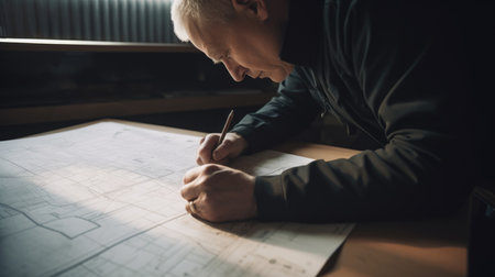 Architect Male Caucasian Middle-aged Drawing blueprint. Generative AI AIG22.の素材