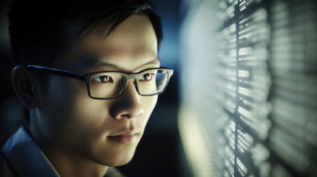 Computer Engineer Male Asian Young Adult Developing software and coding programs for new technology products. Generative AI AIG22.の素材