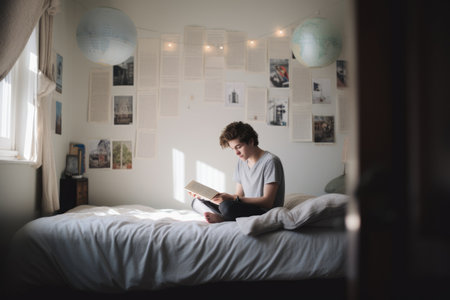 Male Caucasian teenager reading books in bedroom casual relaxing pastel. Generative AI AIG23.の素材