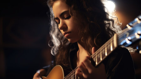 Guitarist Female Hispanic Young Adult Playing guitar on stage or in a music video in Performance venue. Generative AI AIG22.の素材