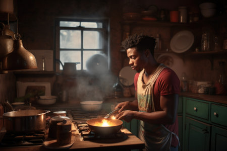 Male African adult cooking in kitchen apron chef attire. Generative AI AIG23.の素材