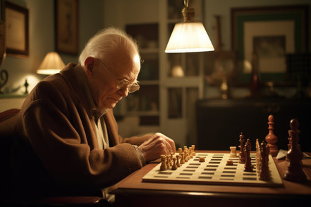 Male Caucasian elderly playing chess in living room activity. Generative AI AIG23.の素材