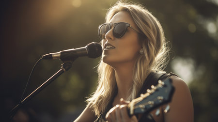 Country Singer Female Caucasian Mature Performing live music for an audience, singing country songs in Outdoor stage. Generative AI AIG22.の素材