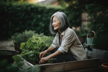 Female Asian senior gardening in backyard plants practical. Generative AI AIG23.の素材