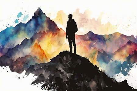 Silhouette man standing on top of mountain abstract water color majestic. Generative AI AIG15.の素材