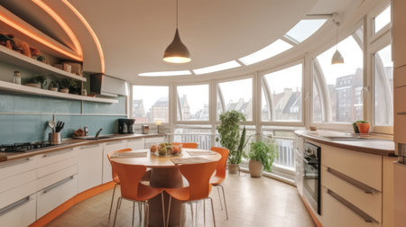 The interior area of a modern kitchen with a curved design and a dining table, featuring a view of the buildings. Generative AI AIG27.の素材