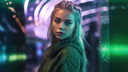 Beautiful model with colorful and trendy outfit with glowing purple green neon light, colorful dyed hair and fashionable glitch core teenager girl. Picturesque generative AIの素材