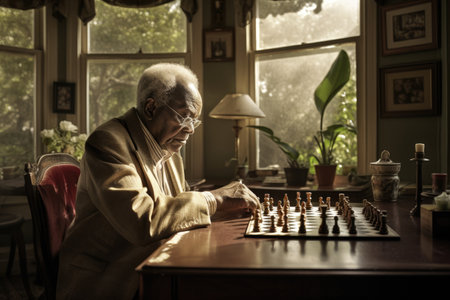 Male African elderly playing chess in sun room activity. Generative AI AIG23.の素材