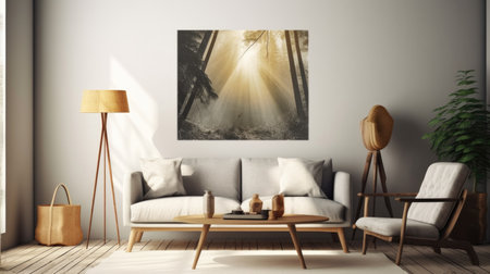 The minimal interior design of a white tone color and wooden floor living room with picture frames on the wall. Generative AI AIG27.の素材
