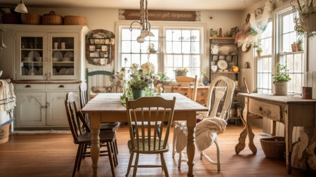Interior design inspiration of Farmhouse Shabby Chic style home dining room loveliness decorated with Wood and Wicker material and Rustic Charm .Generative AI home interior design .の素材