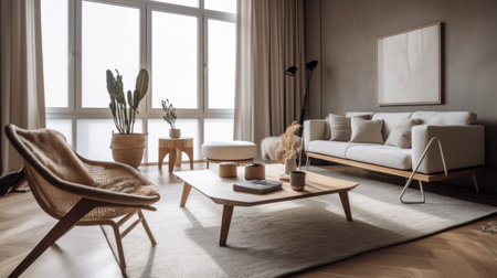Living room decor, home interior design . Scandinavian Minimalist style with Large Window decorated with Wood and Concrete material . Generative AI AIG26.の素材
