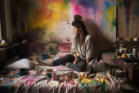 Female Middle Eastern teenager painting art studio artist apron picture drawing. Generative AI AIG23.の素材