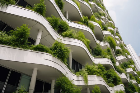 Close up view a futuristic building, sustainable design with vertical garden. Generative AI AIG18.の素材