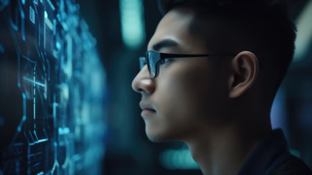 Young asian male with wonder, curiosity, looking at holographic digital display, futuristic technology, innovation. Generative AI AIG20.の素材