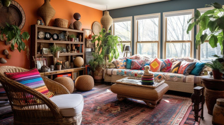 Living room decor, home interior design . Bohemian Eclectic style with Gallery Wall decorated with Rattan and Textiles material . Generative AI AIG26.の素材