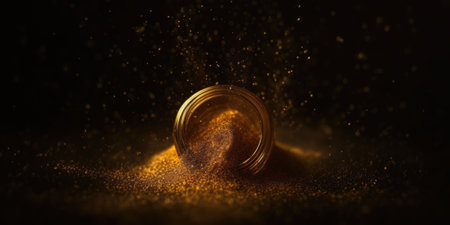 Dust powder of golden glitter on dark background. Generative AI AIG21.の素材