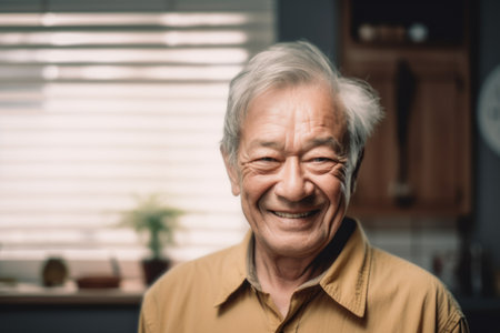 Happy scandinavian senior man at home smiling looking at camera. Generative AI AIG20.の素材