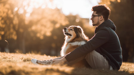 Young man with dog sitting in park, sunlight. Generative AI AIG20.の素材