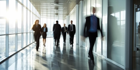Several business people walk fast motion blur in the corridor of modern office. Generative AI AIG18.の素材