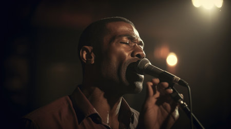 Jazz Singer Male African-American Middle-Aged Performing live music for an audience, singing jazz standards in Jazz club. Generative AI AIG22.の素材