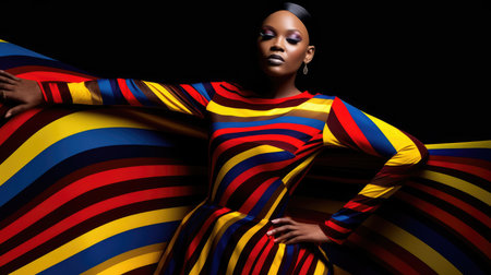 Young african female model posing with trendy fashion outfit and colorful vibrant orange optical art abstract background. Picturesque generative AIの素材
