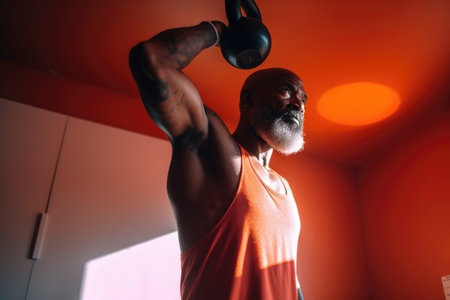 Male African American adult exercising with weights healthy. Generative AI AIG23.の素材