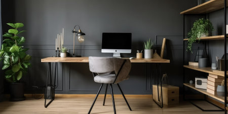 Chair at wooden table with computer monitor and plants in grey spacious home office interior. Generative AI AIG18.の素材