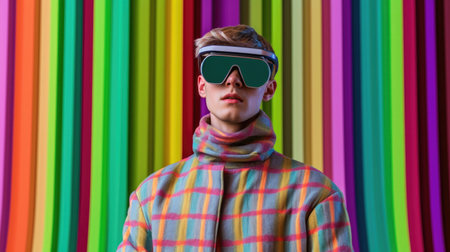Young male model wearing VR posing with trendy man fashion outfit and colorful red optical art abstract background. Picturesque generative AIの素材