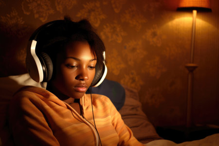 Female African teenager listening to music headphones bedroom. Generative AI AIG23.の素材