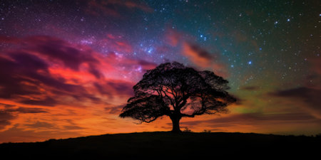 Tree silhouette on a hill with colorful swirling galaxy in the sky. Generative AI AIG27.の素材
