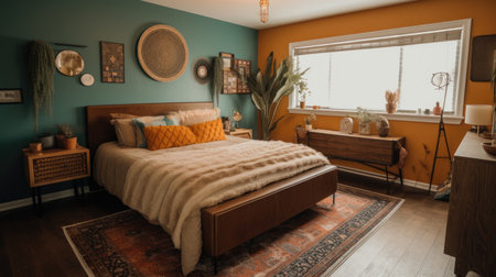 Bedroom decor, home interior design . Mid-Century Modern Bohemian style with Accent Wall decorated with Wood and Textile material . Generative AI AIG26.の素材