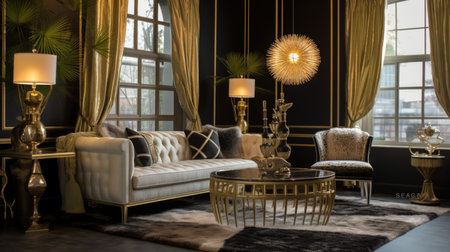 Living room decor, home interior design . Art Deco Glam style with Chandelier decorated with Marble and Velvet material . Generative AI AIG26.の素材