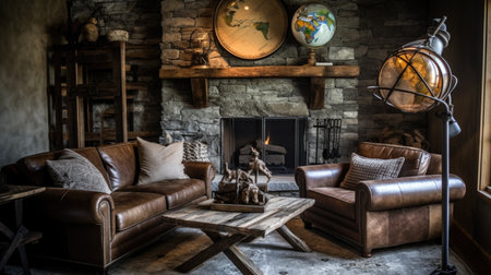 Living room decor, home interior design . Rustic Industrial style with Stone Fireplace decorated with Wood and Metal material . Generative AI AIG26.の素材