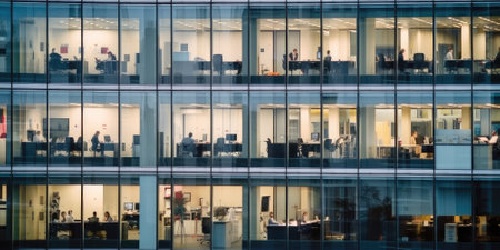 Outside view of office building many window with business people working inside. Generative AI AIG18.の素材