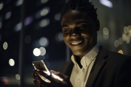 a young african-american businessman executive using mobile phone with background of modern office buildings at night Generative AI AIG18.の素材