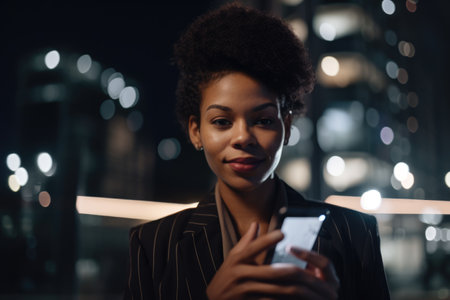 a young african-american woman trendy clothes using mobile phone with background of urban city street at night Generative AI AIG18.の素材