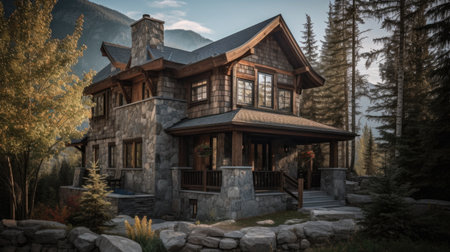 Home architecture design in Ranch Style with Wide frontage constructed by Wood, Stone, Glass material. Emphasis on simplicity. Generative AI AIG25 .の素材