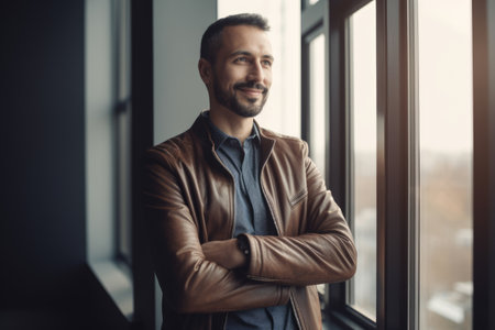 A smiling mature man with arms folded in suit near a window in an office. Generative AI AIG21.の素材