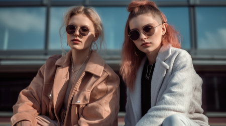 Two cool women wearing very trendy fashionable clothes. Generative AI AIG20.の素材
