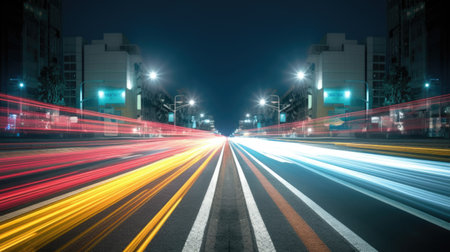 Blurred traffic light trails on road in symmetry. Generative AI AIG21.の素材