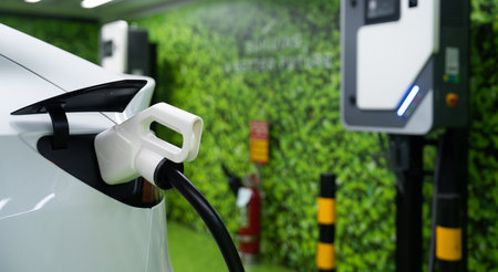 EV charging station for electric car in concept of sustainable energy and eco power produced from green resource to supply to charger station to reduce dashing CO2 emission .の写真素材