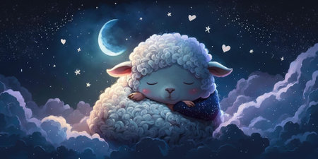 A cute and adorable lamb is sleeping under night sky between stars pillow. Generative AI AIG16.の素材