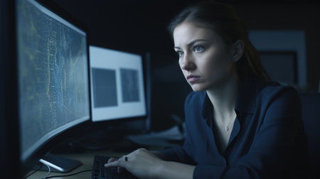 Financial Analyst Female Caucasian Young Adult Analyzing charts and graphs on a computer at a desk in Indoor office. Generative AI AIG22.の素材
