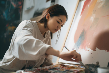 Female Asian teenager painting art studio artist apron picture drawing. Generative AI AIG23.の素材