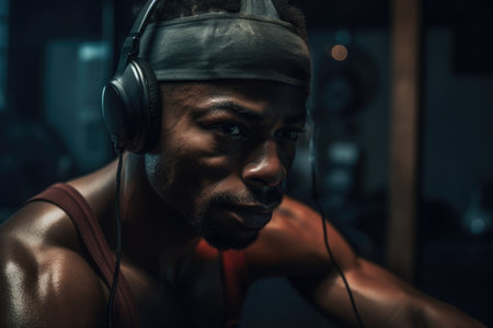 Male African adult working out at home gym athletic exercise. Generative AI AIG23.の素材
