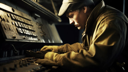 Industrial Worker Male Caucasian Middle-Aged Operating heavy machinery in a manufacturing plant, producing industrial goods in Factory. Generative AI AIG22.の素材