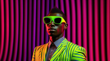 Young male model posing with trendy man fashion outfit and colorful vibrant glowing green and pink optical art abstract background. Picturesque generative AIの素材